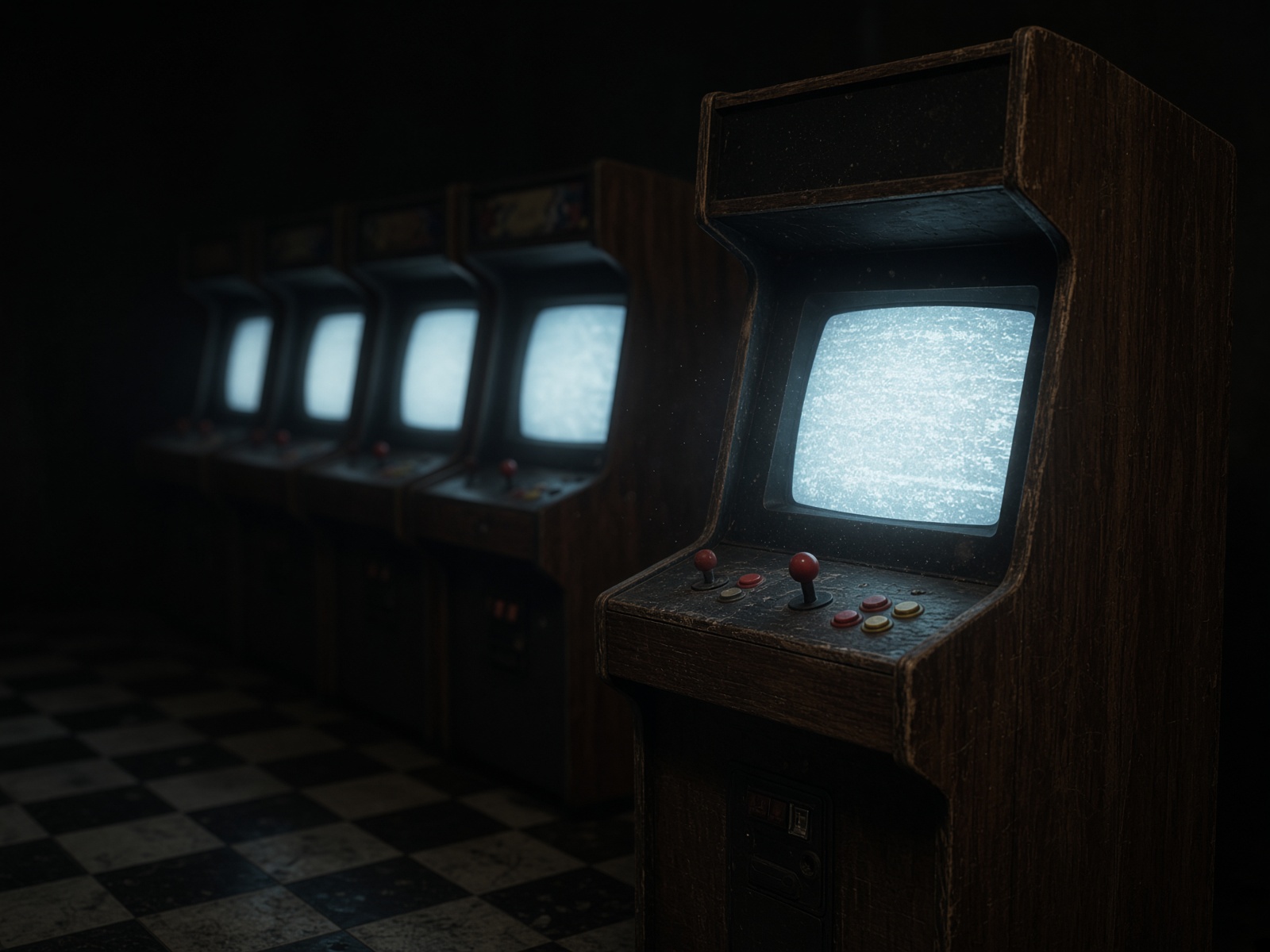 Empty retro arcade cabinets glowing in a dark hall