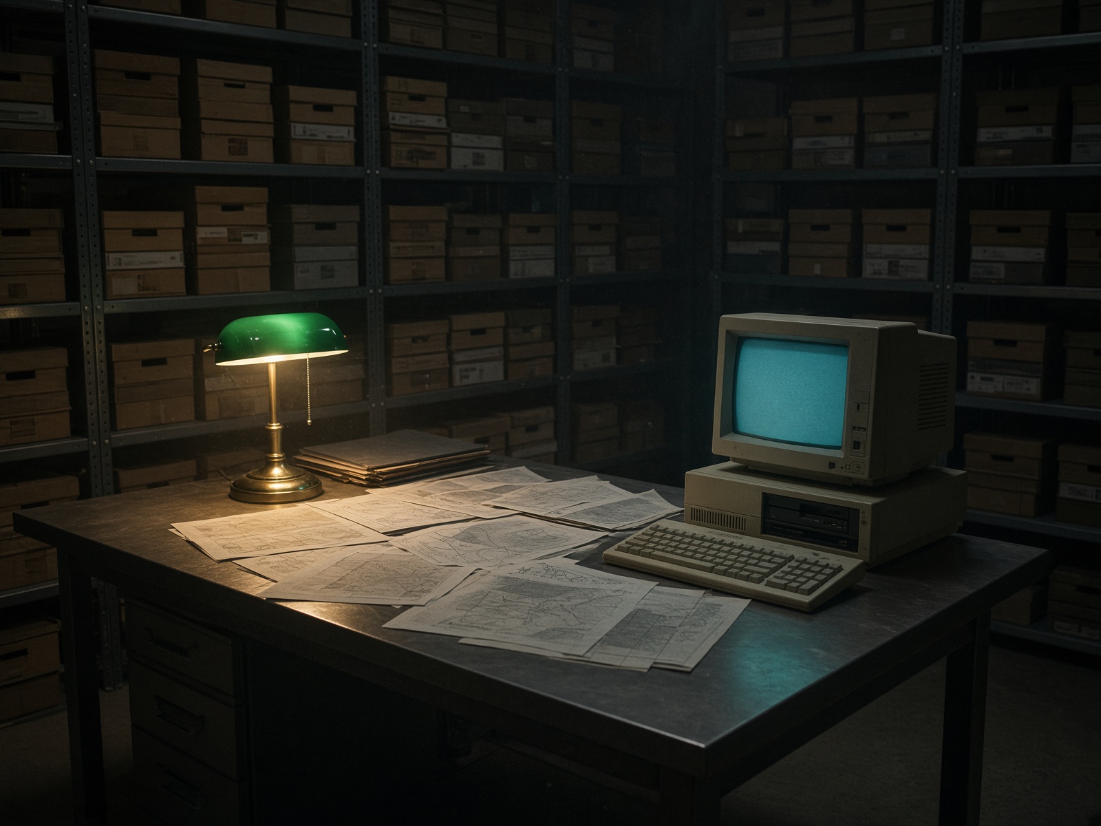 Dim research archive with CRT glow and a banker's lamp