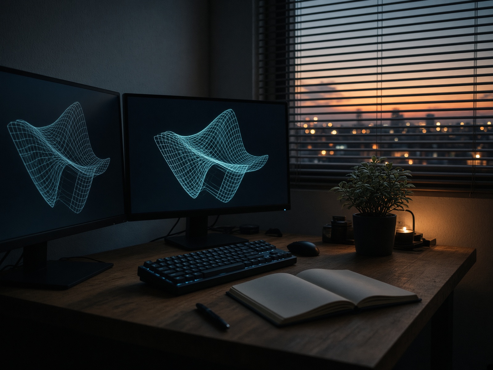Night studio with dual monitors and warm tungsten light